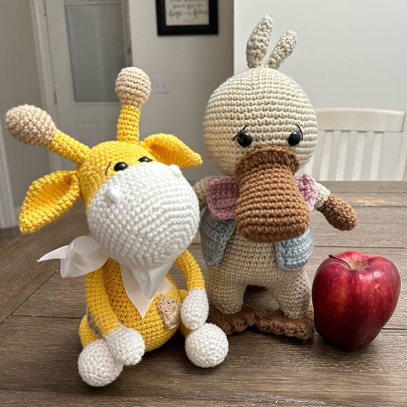 Hand Crocheted Amigurumi Dakota the Platypus in Blue Sweater Vest & Pink Bow tie - Picture 5 of 5